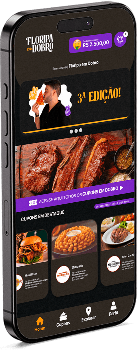 App floripa em Dobro: tela inicial, mapa interativo e lista de cupons
