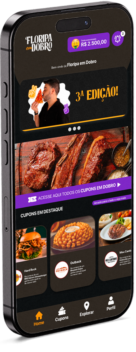 App floripa em Dobro: tela inicial, mapa interativo e lista de cupons